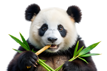 Giant panda eating bamboo isolated on transparent background
