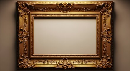 Ornate gold picture frame with blank canvas for artwork on a wall