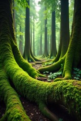Sunlight dappling through ancient giant trees in a misty rainforest, evoking tranquility and age. A low angle view looking up into a very old, dense rainforest. Large, ancient tree trunks covered in
