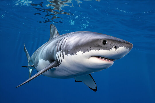 A majestic great white shark glides through the clear, deep blue ocean, its powerful form illuminated by sunlight filtering down from the surface.