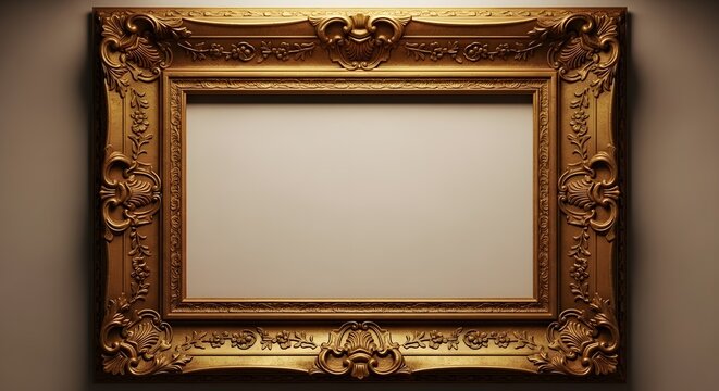 Ornate gold picture frame with blank canvas for artwork on a wall
