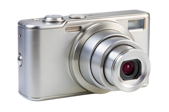 Silver digital camera isolated on transparent background
