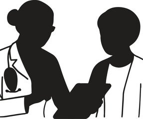 Doctor-Patient Consultation: A silhouette of a doctor engaged in a serious discussion with a patient, examining medical records and delivering empathetic care.