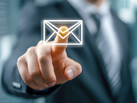 Businessman in formal suit interacting with digital envelope icon representing email communication and digital messaging in a modern office environment