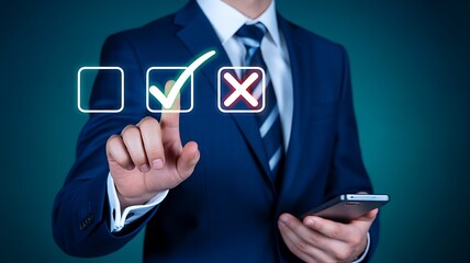 Businessman Touching Virtual Checkbox Interface for Decision Making
