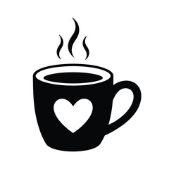 Black silhouette of a steaming coffee cup with a heart design