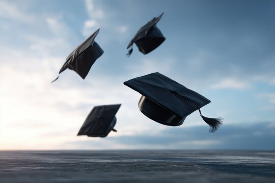 Graduation caps celebrate achievement as they soar high against a beautiful sky during commencement ceremony festivities at a university