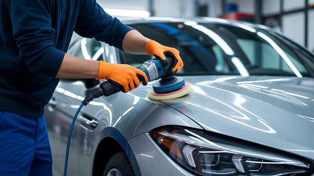Auto Detailer Polishing Car Body with Electric Buffer in Professional Workshop
- Powered by Adobe