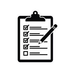 Black and white icon of a checklist on a clipboard with a pencil