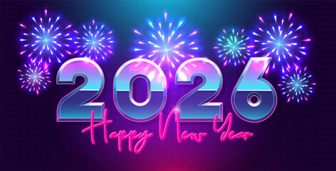Happy New year 2026 retro 80s background. 3d blue purple text and explosion of fireworks. For seasonal holiday greeting web banners, flyers and festive posters