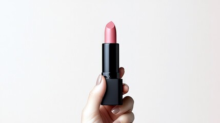 A hand holds a pink lipstick with a black case against a plain, light background, showcasing the makeup product.