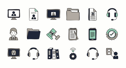 A collection of hand-drawn business and office icons, perfect for illustrating concepts related to communication, work, and technology on a clean white background.