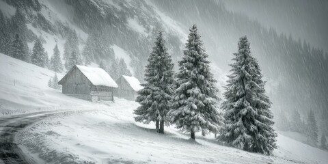 Winter landscape of snowy trees and rustic cabin