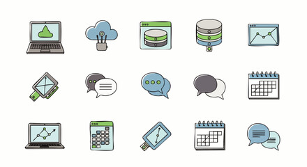 A collection of hand-drawn technology icons, including laptops, data clouds, databases, and communication bubbles, perfect for web design and presentations.