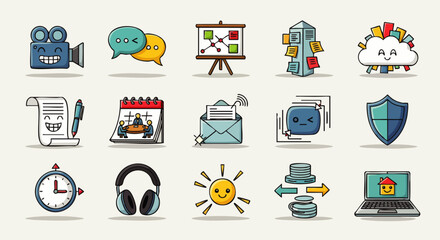 A vibrant collection of hand-drawn business and technology icons, perfect for illustrating concepts related to communication, data, and digital solutions with a touch of creativity.