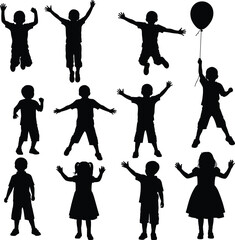 Children silhouettes, playful poses, kids jumping, standing, holding balloon, cartoon style, black figures, childhood activity, fun movement, youth gesture