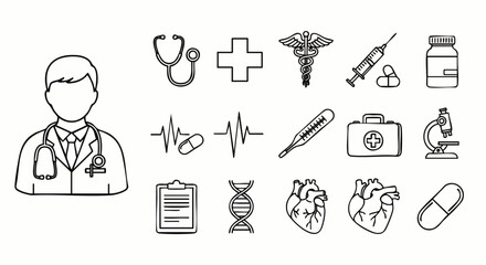 A collection of hand-drawn medical icons and a doctor illustration, perfect for healthcare, clinic, and medical-related design projects and educational materials.