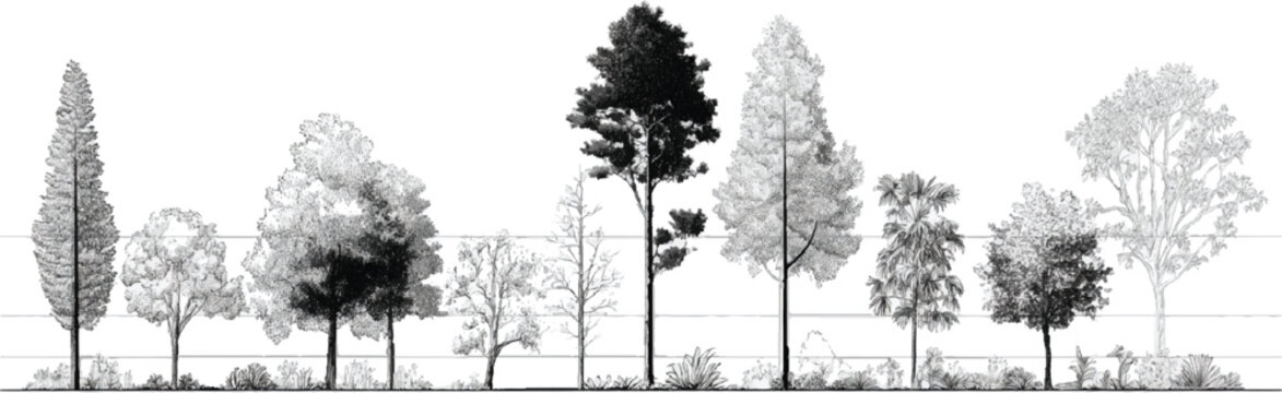 Black and white illustration of diverse trees in a row with horizontal lines forest nature