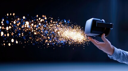 A hand holds a VR headset, from which a stream of glowing orange and blue particles flows, suggesting immersion in a digital world.