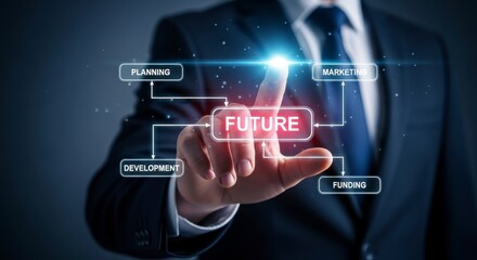 Businessman touches future technology interface with glowing buttons