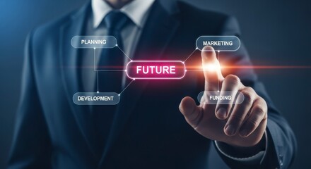 Fototapeta premium Businessman touching future button on digital interface