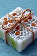 A single bar of handmade soap with a decorative white lace overlay and a twine bow, set against a textured blue background.