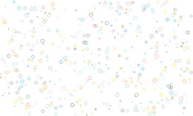 Abstract background with a playful mix of scattered small outlined hexagons, circles, and squares in light and varied blue, orange, yellow, and red colors isolated on