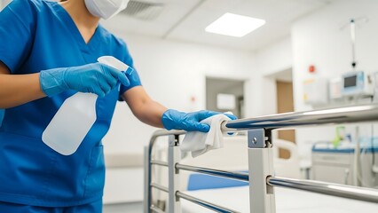 Photorealistic Nurse Sanitizing Hospital Bed Rail with Disinfectant – High-Resolution Clinical Cleaning Scene