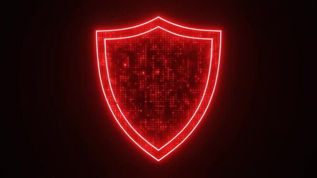 Glowing red shield made of digital data and cubes against a dark background security protection