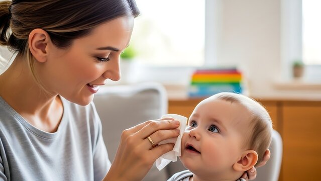 Photorealistic Mother Wiping Baby’s Face – High-Resolution Parenting and Child Care Cleaning Scene - Powered by Adobe
