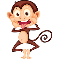 Playful brown cartoon monkey making a funny face sticking tongue out and pulling cheeks with big eyes and curly tail isolated on white background