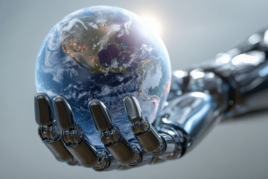 Futuristic robotic hand gently holding a detailed globe representing Earth with illuminated city lights symbolizing technology and global connectivity in a modern wo
