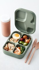 A partitioned lunchbox filled with a balanced meal including chicken, shrimp, a hard-boiled egg, nuts, berries, and broccoli, next to a thermos and cutlery.