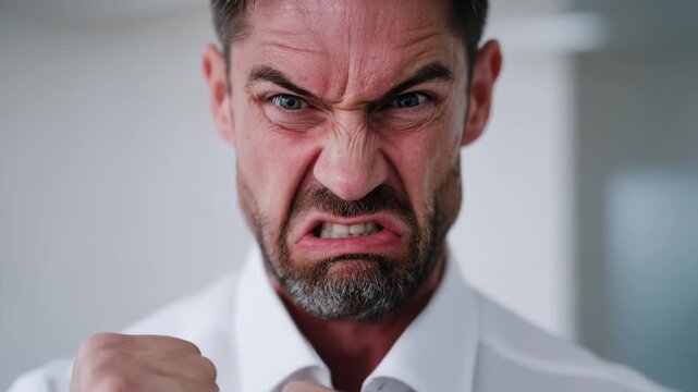 Man shows a range of intense emotions in office setting during challenging work situation