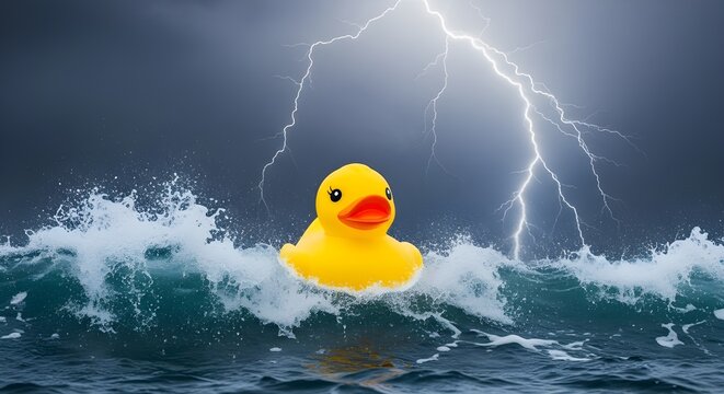 Yellow rubber duck floating on a stormy sea with lightning strikes