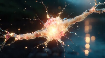 Stunning neuron cell body with glowing axons for brain research, science, and medical illustrations creating a dynamic neural network visualization