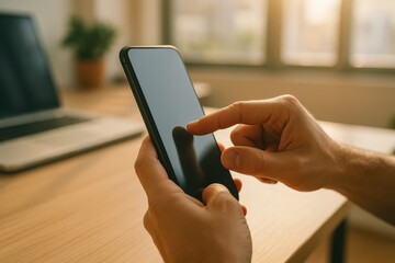 Close-up of hands using a smartphone in a bright workspace, illustrating modern technology use and digital communication in everyday life.
