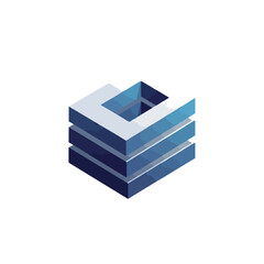 A 3D rendered vektor icon of stacked blue blocks with a hollow center, presented in a gradient color scheme. Perfect for graphic resources, presentations, and corporate materials.