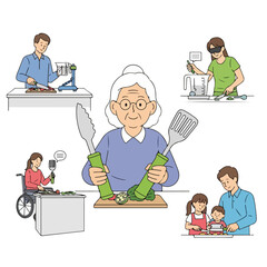 An elderly woman holding kitchen utensils surrounded by diverse people with disabilities engaging in various daily activities. Perfect for accessibility campaigns, inclusivity promotions,