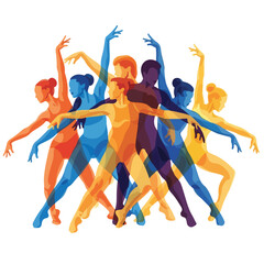 A colorful digital illustration of seven dancers in various poses, depicted in a vibrant vektor icon style with bold lines and bright hues on a white background. Perfect for graphic