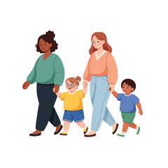 A diverse group of two women and two children walking together, holding hands, depicted in a colorful vector illustration style with a white background. Perfect for family, diversity, and
