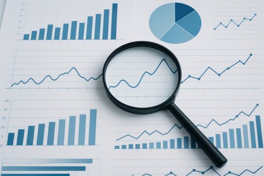 Magnifying glass over financial graphs and data charts, representing analysis, interpretation, and attention to detail in market research and business intelligence.