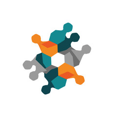 A colorful puzzle pieces icon in a circular arrangement, featuring orange, teal, and gray hues, on a white background. Perfect for logos, branding, infographics.