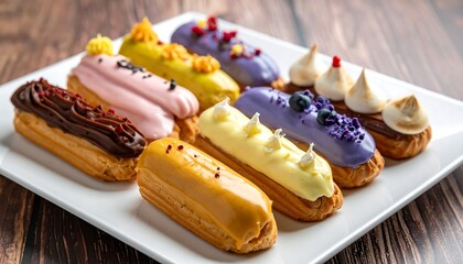 A white rectangular plate showcases colorful, decorated ?clair pastries arranged in two neat rows. The desserts have vibrant icing and toppings
