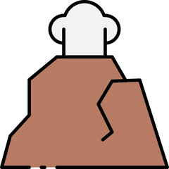 Flat design volcano icon showing an active mountain peak with smoke, a symbolic representation of natural forces and geological activity