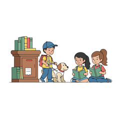 A colorful vektor icon of children and a dog surrounded by books in a playful setting. Perfect for education, children's books, and learning materials.