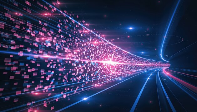 Abstract Digital Tunnel of Glowing Pink and Blue Squares and Lines