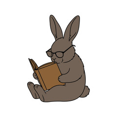 Cute brown rabbit wearing glasses reading a book illustration