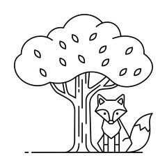Cute geometric fox sitting under a stylized tree outline