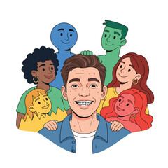 A diverse group of cartoon people, including a smiling man in the front and four others behind him in various colors, presented in a flat vektor icon style on a white background. Perfect